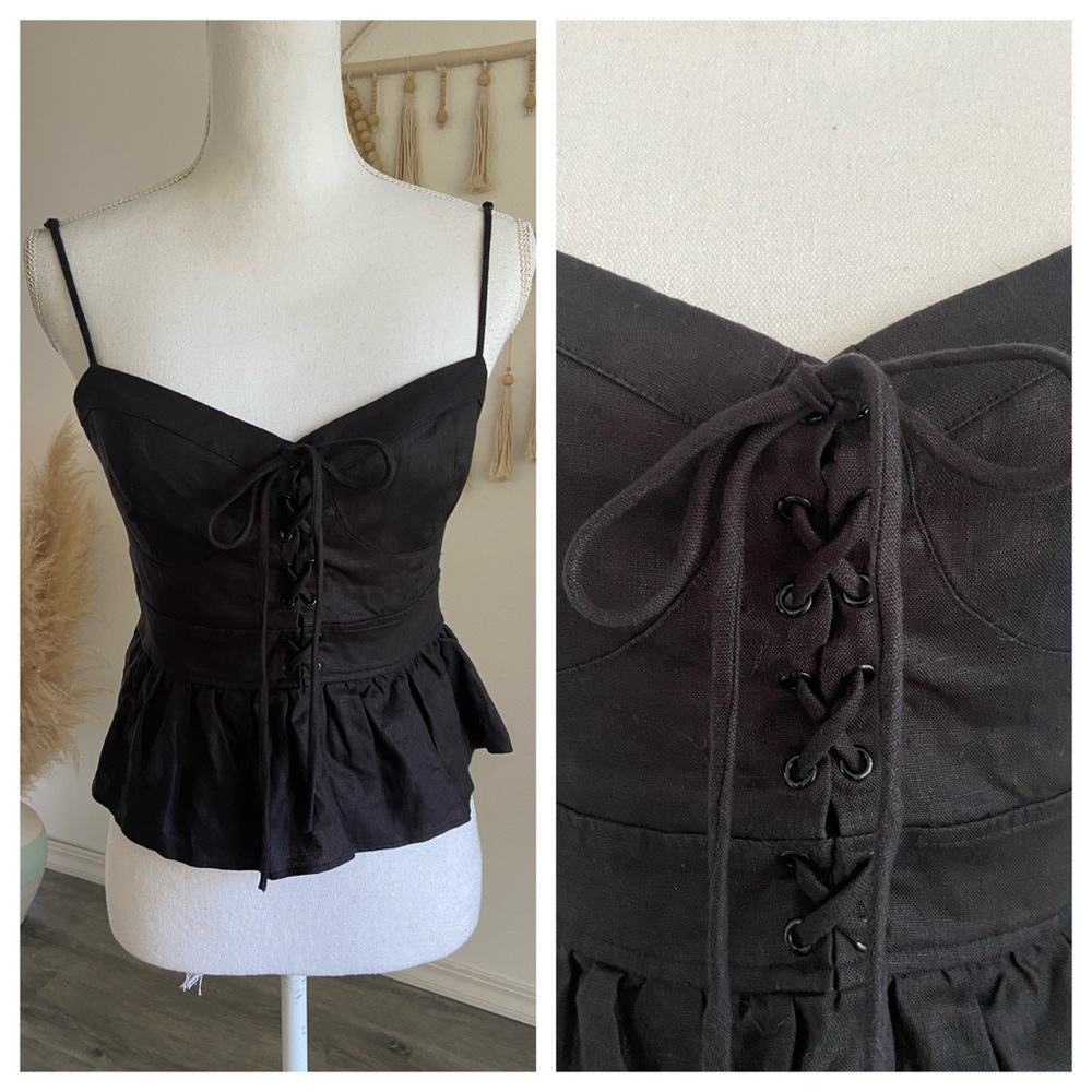WAYF black linen corset crop top lace up peplum tank top medium